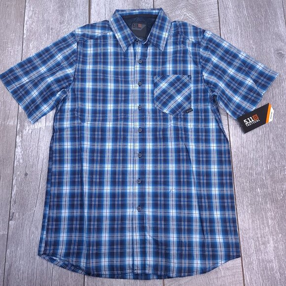 5.11 Tactical Shirt Mens Small Admiral Blue Breaker Plaid Pocket Short Sleeve - Picture 2 of 7